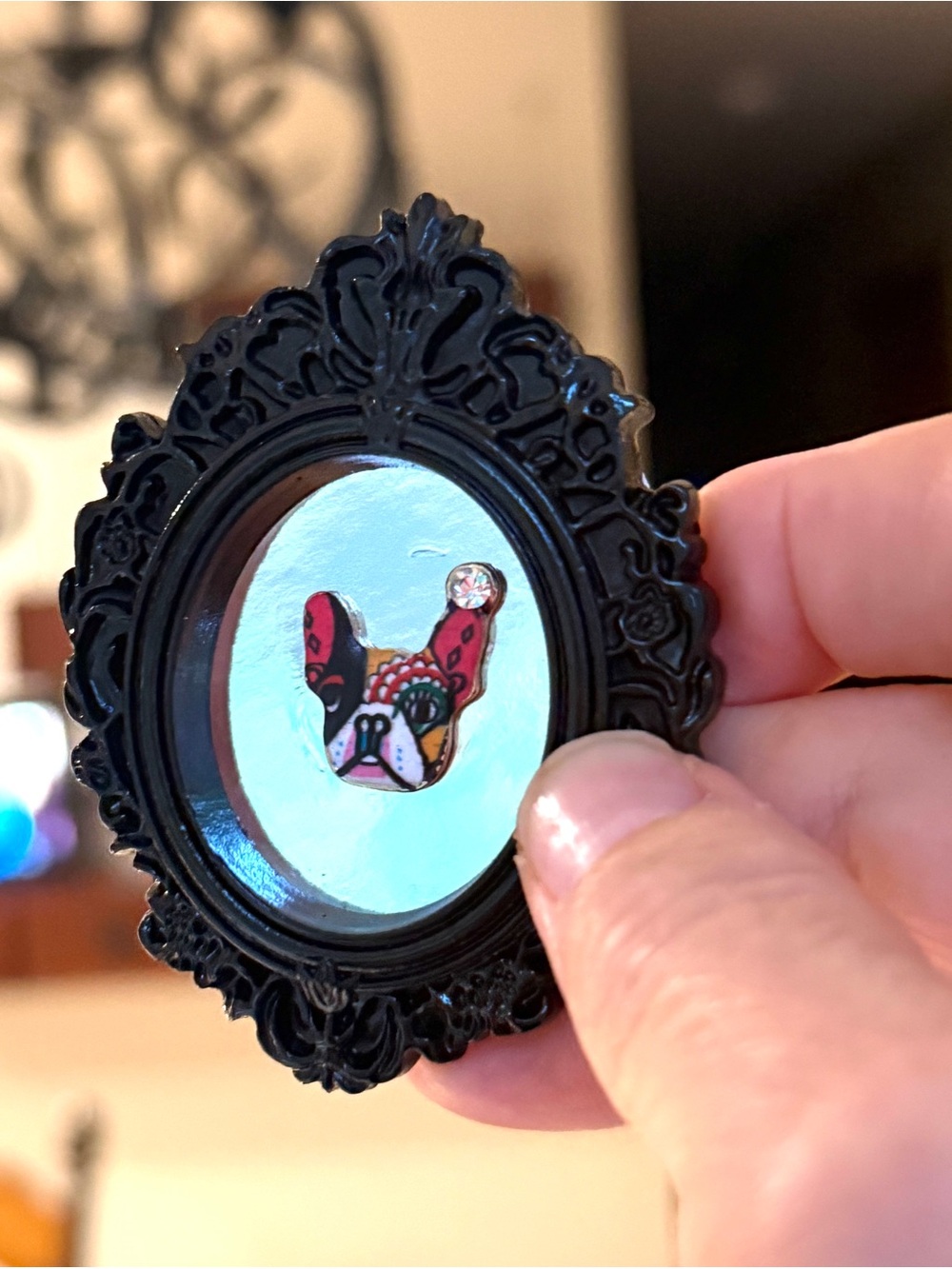 Handcrafted Refrigerator Magnet - Enamel Frenchie in Ornate Frame on Silver Foil